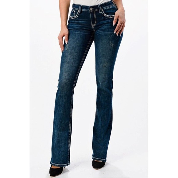 Grace in LA Women's Western Aztec Steer Cow Head Embroidered Bootcut Jeans - Picture 2 of 3